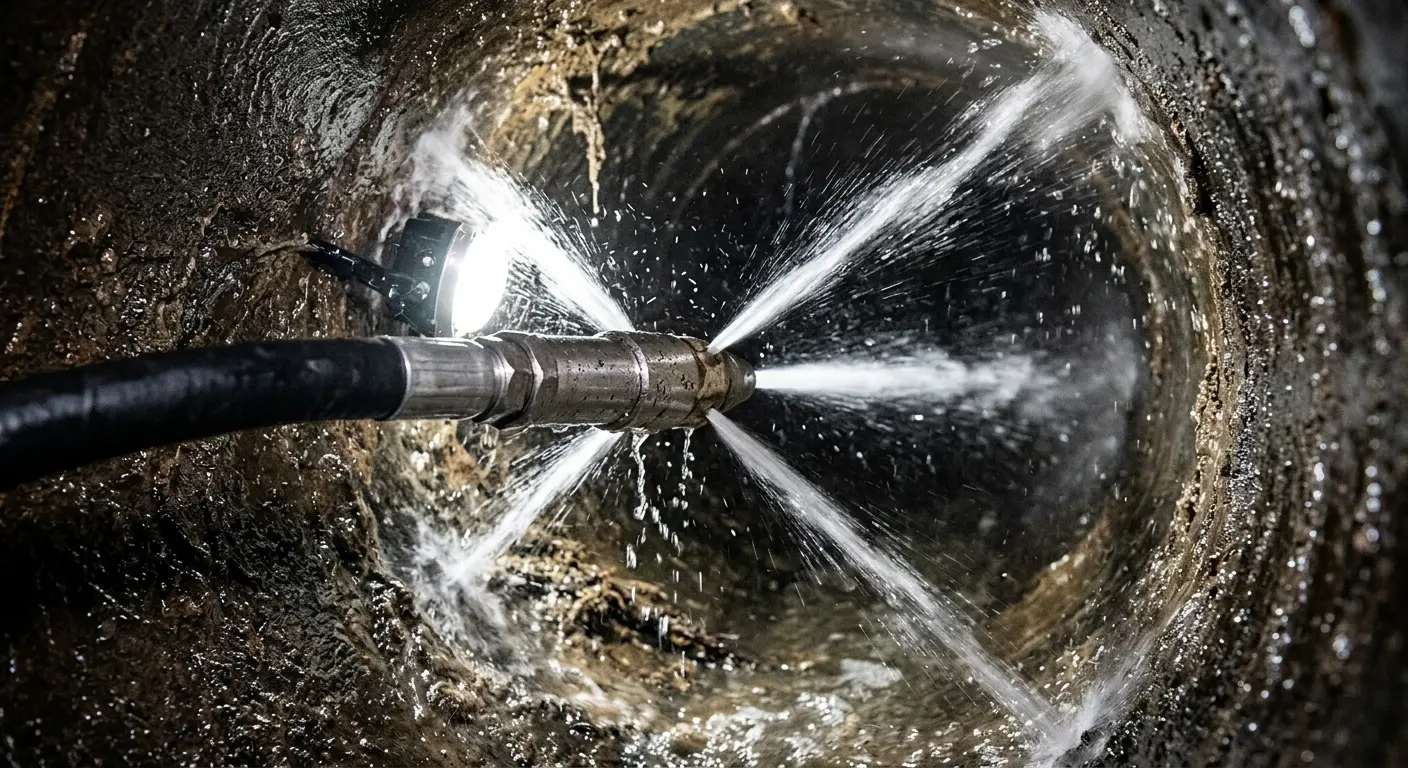 High-pressure hydro jetting nozzle cleaning sewer pipe for Trenchless Sewer Repair in Chaparral