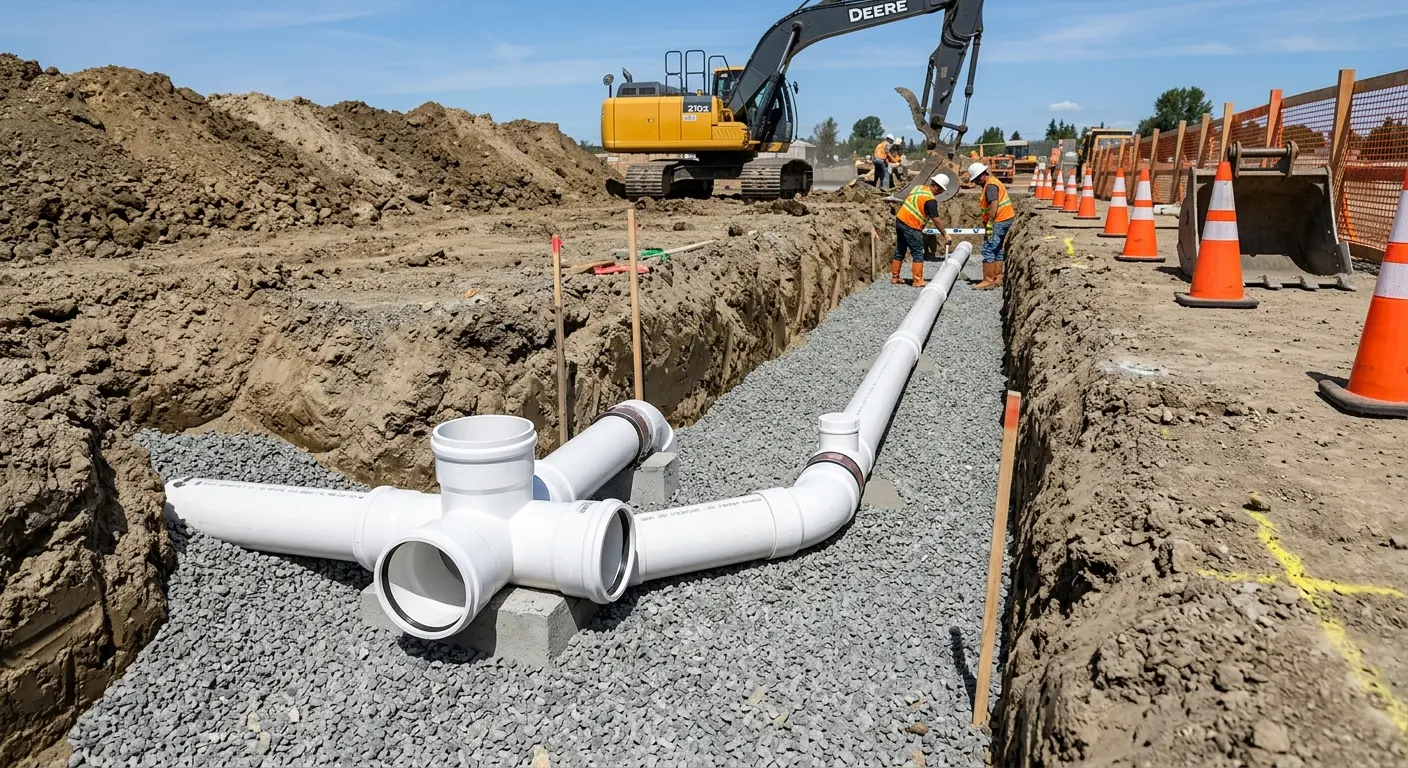 New PVC sewer pipe installation in open trench for Sewer Backup in Chaparral