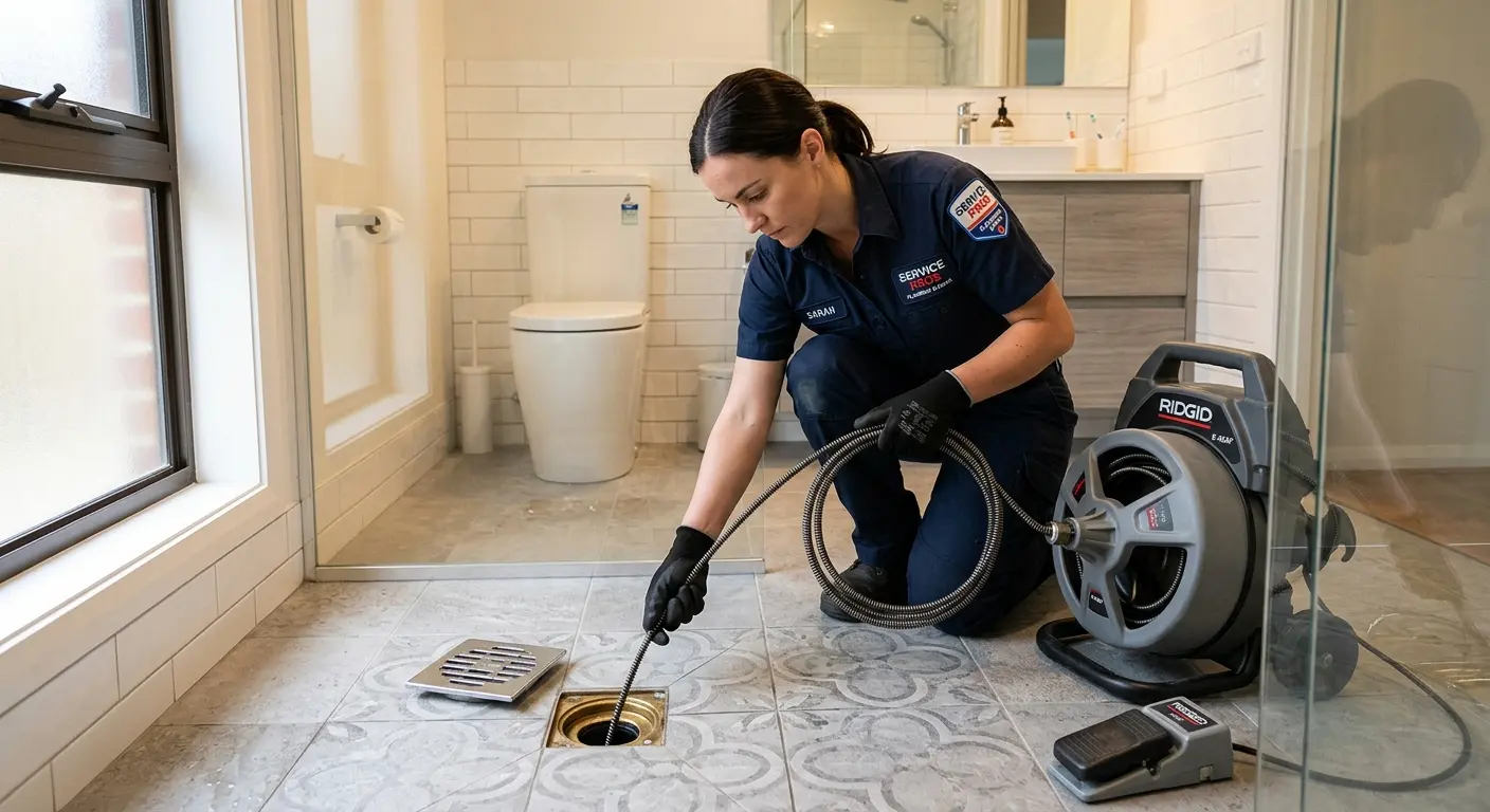 Technician clearing a bathroom floor drain for Drain Cleaning in Chaparral